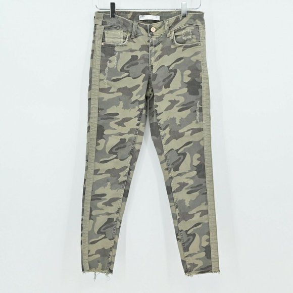 ZARA Womens Size 4 Camo Khaki Green Army Camouflage Skinny Slim Jeans Distressed - Picture 2 of 10